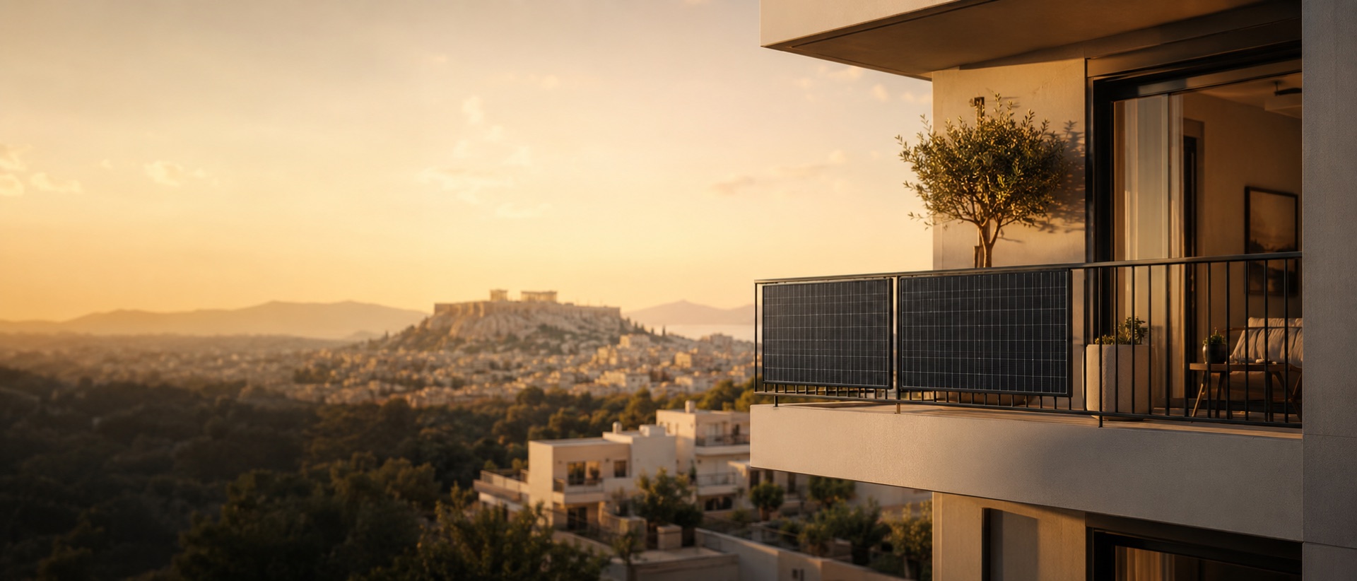 Athens apartment balcony with slim black solar panels along the railing